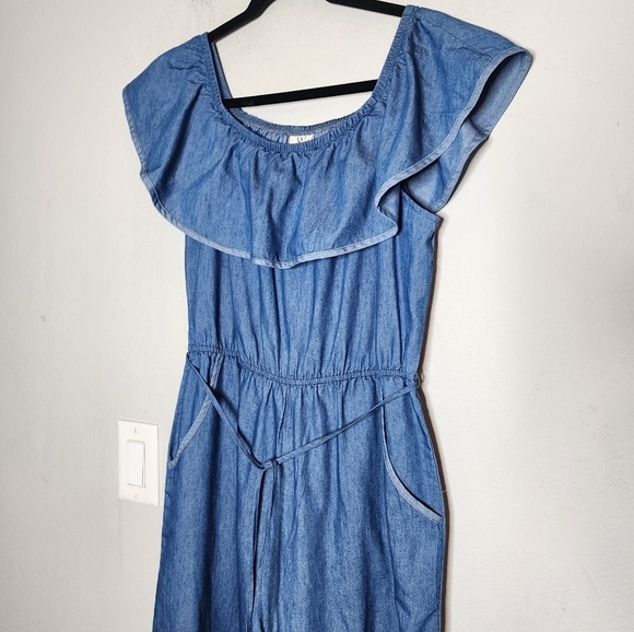 WRAPPER chambray blue belted cropped wideleg jumper, pockets. Size Medium - Picture 10 of 16